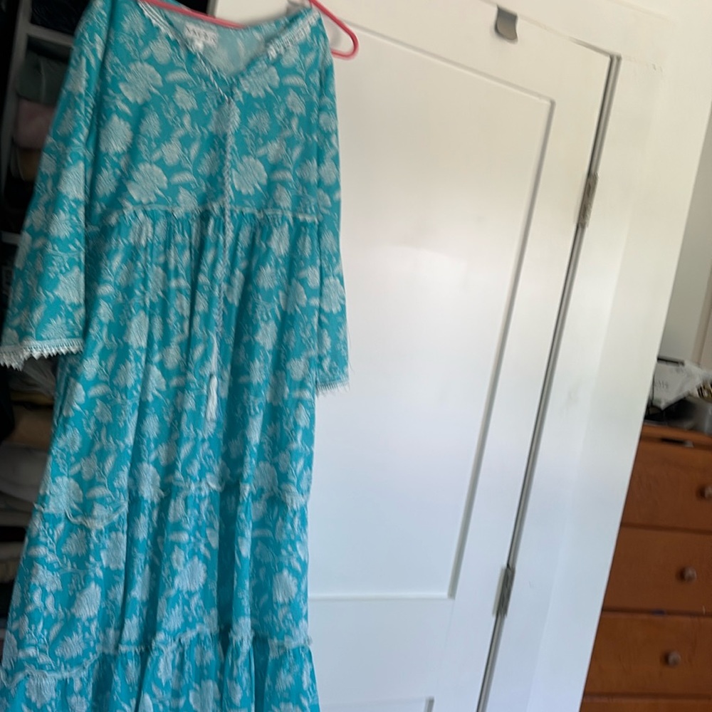 Naudic Amisha3/4bell Sleeve Maxi Dress in torquoise Blue Ruffle Tiered Small-